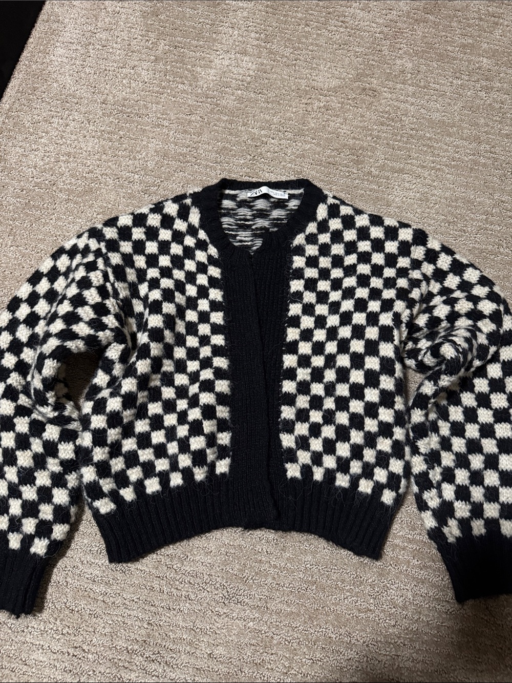 Zara Black and Cream Checkerboard Knit Cardigan